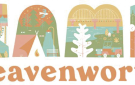 Image "Camp Leavenworth" with inlaid cartoons of a river,  a tent, fireworks, Leavenworth bridge, historic buildings and jeep