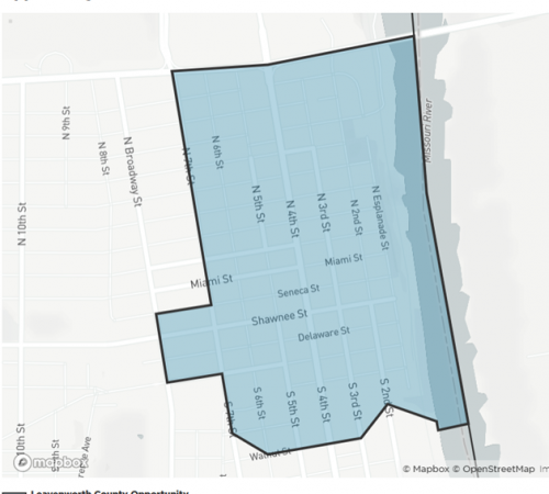Opportunity Zone shows a map with a blue zone over Leavenworth bordered by the River, 7th Street, Metropolitan Street and Walnut