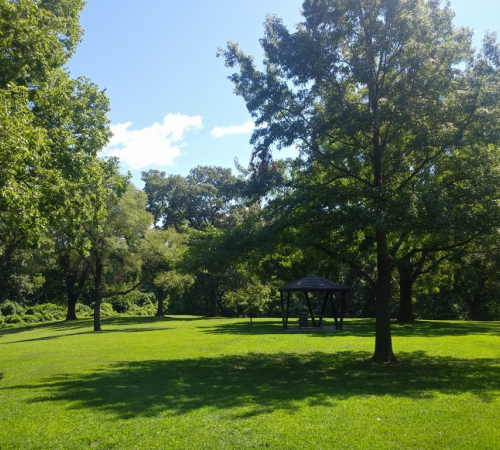 Photo at the VA park with the small shelter and trees around it