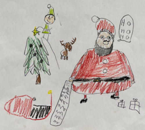 Santa saying Ho, Ho, Ho with list, toy bag, Christmas tree, an elf, a reindeer and presents