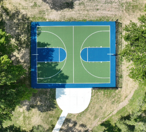 Aerial shot of the basketball courts at Buffalo Bill Cody Park