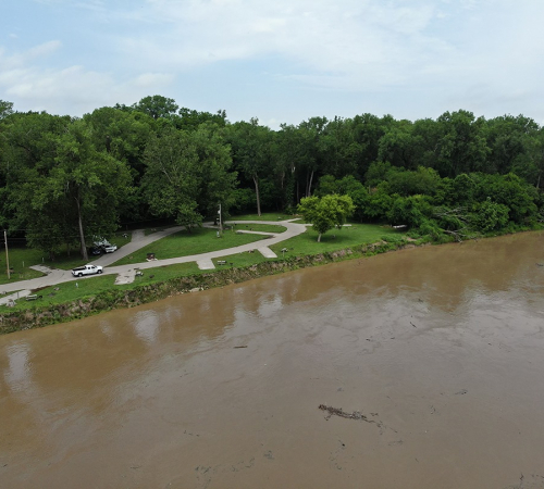 Riverfront Park Campground showing how close it is to the Missouri river