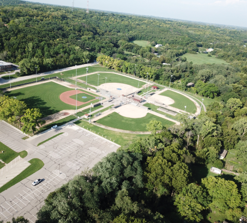 Aerial view of the sportsfield complex with all the ball fields and all the parking lots