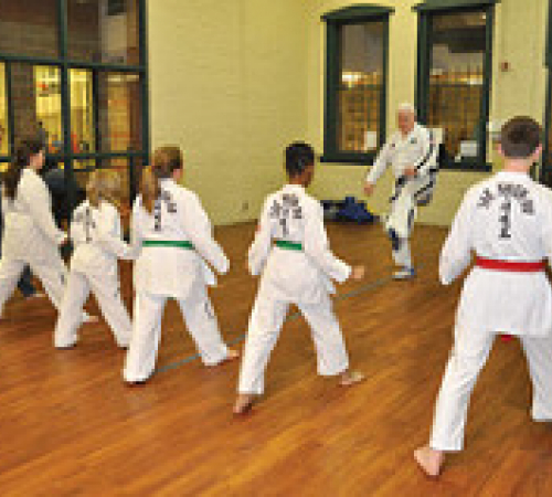 Boys and girls performing Tae Kwon Do 