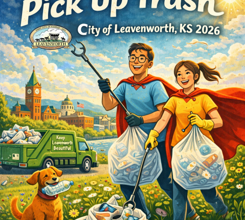 Image of boy and girl picking up trash in bags wearing capes with text "heroes pick up trash" City of Leavenworth KS 2026