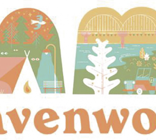 Image "Camp Leavenworth" with inlaid cartoons of a river,  a tent, fireworks, Leavenworth bridge, historic buildings and jeep