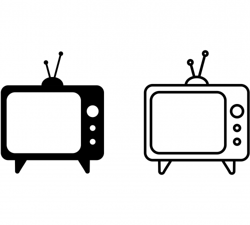 Two black and white images of television sets, boxes with screens and buttons on the side with two antenna on top