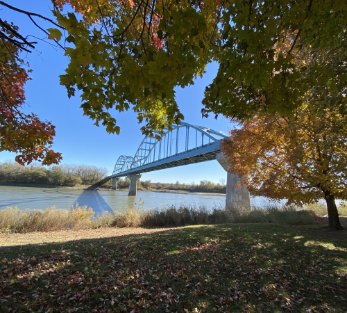 Fall leaves along Missouri River with bridge in background 