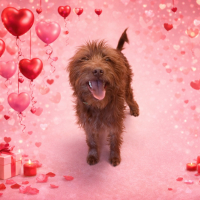 Casanova brown dog with long curly hair on a red background with hearts