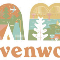 Image "Camp Leavenworth" with inlaid cartoons of a river,  a tent, fireworks, Leavenworth bridge, historic buildings and jeep