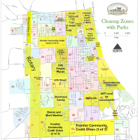 map of Leavenworth divided into numbered grids, with some grids highlighted in yellow and names of teams for the cleanup listed