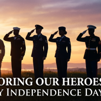 Independence Day Image of an outdoor landscape with a river and trees with American flag in the foreground and five saluting service members