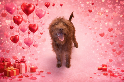 brown dog with long curly hair on a red background with hearts