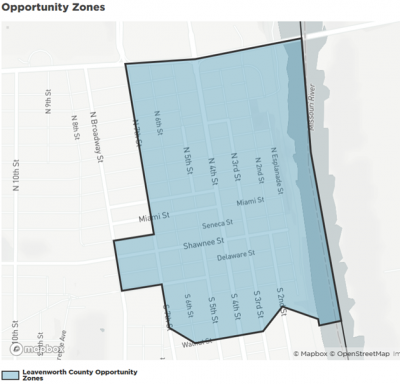 Opportunity Zone shows a map with a blue zone over Leavenworth bordered by the River, 7th Street, Metropolitan Street and Walnut