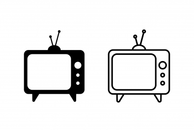 Two black and white images of television sets, boxes with screens and buttons on the side with two antenna on top