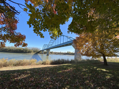 Fall leaves along Missouri River with bridge in background 