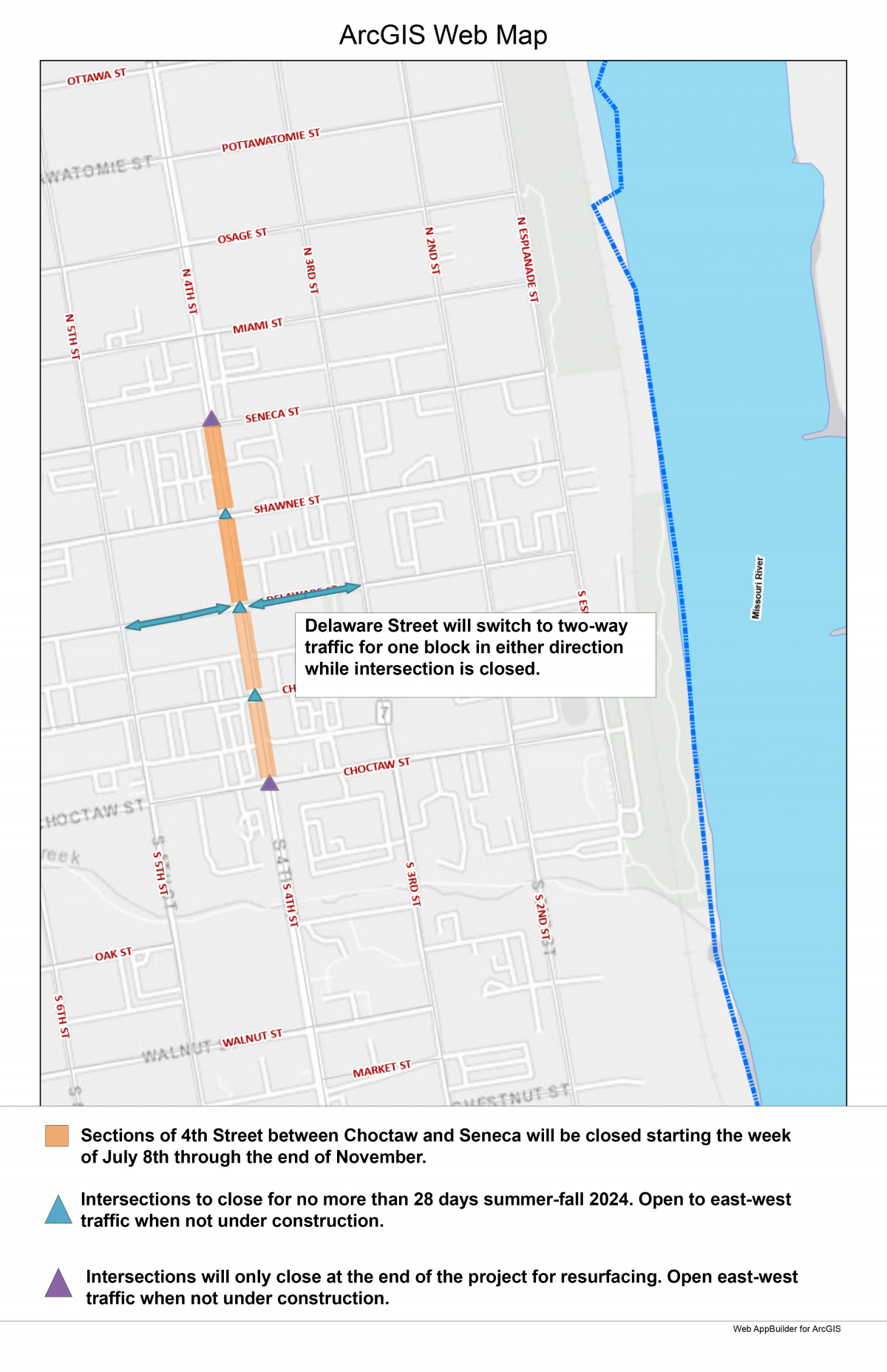 Fourth Street construction Image shows maps with marked construction detours. Verbage included in text of this page.