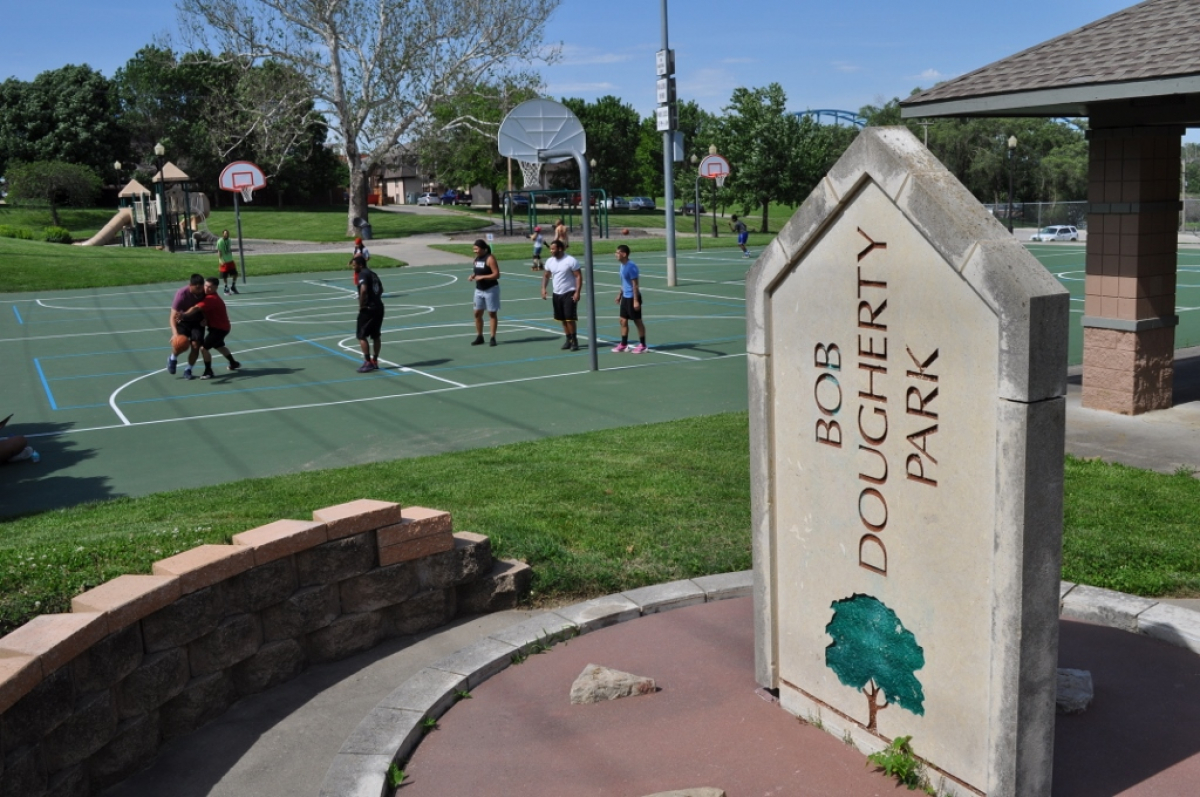 Bob Dougherty Park Bob Dougherty Park sign and basketball court