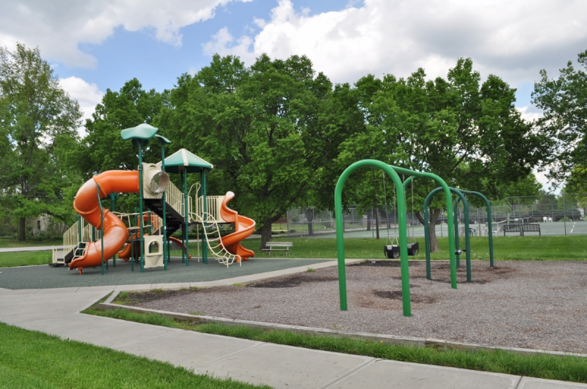 Playground equipment at David Brewer Park Playground equipment at David Brewer Park includes swings, slide
