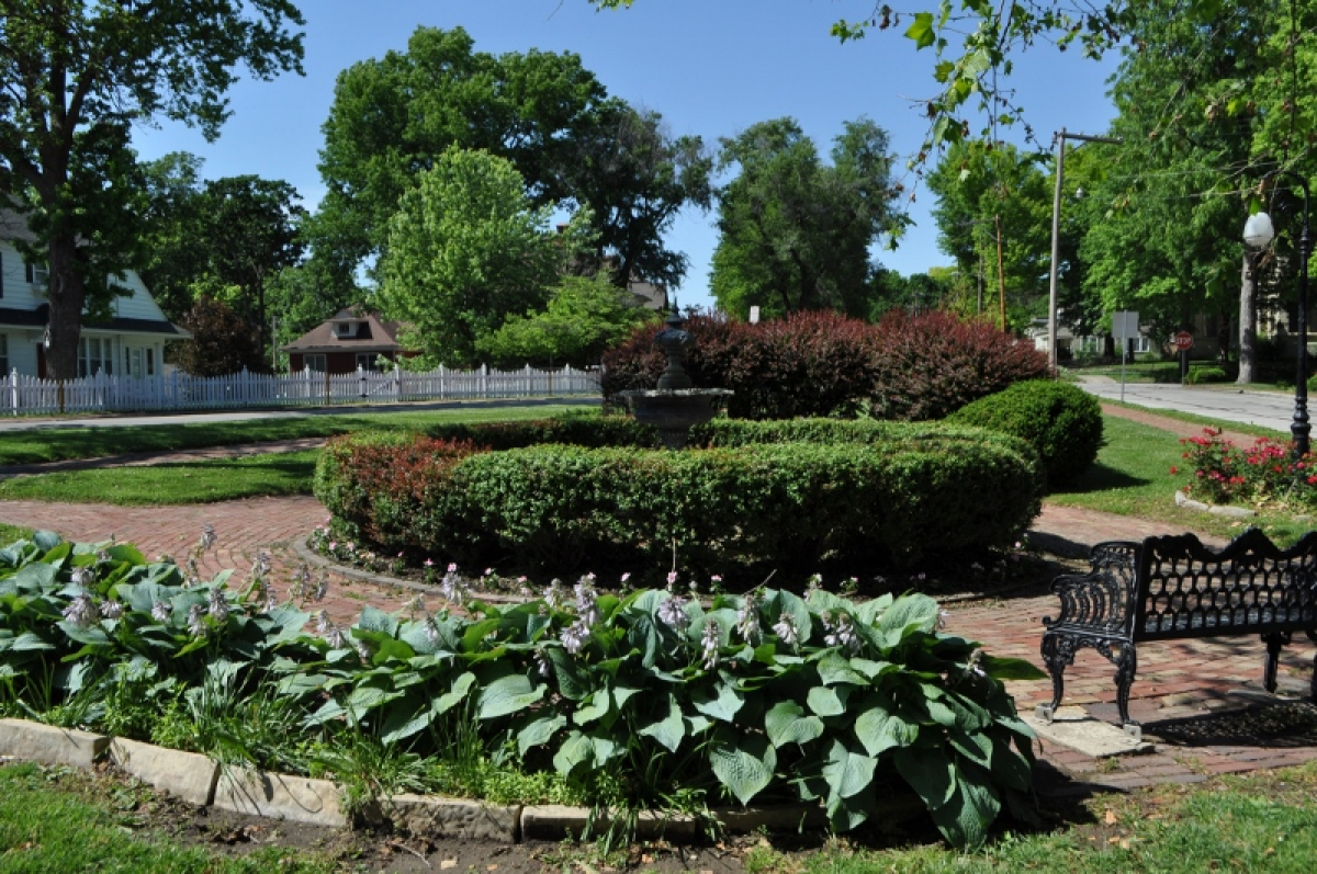Union Park Fountain and hostas at Union Park