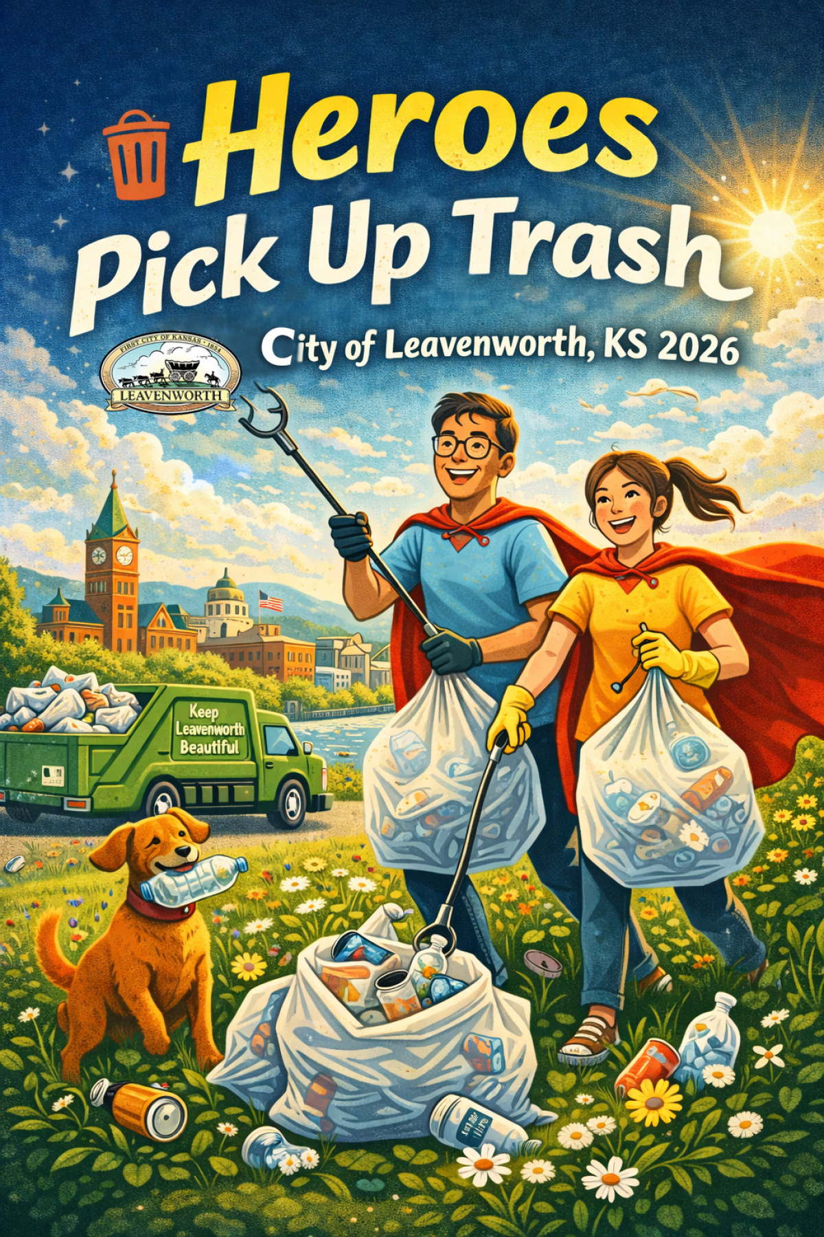 Image of boy and girl picking up trash in bags wearing capes with text "heroes pick up trash" City of Leavenworth KS 2026