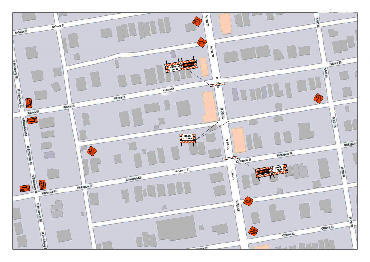 Road closure map 7th Street road closure map from Kiowa to Kickapoo streets