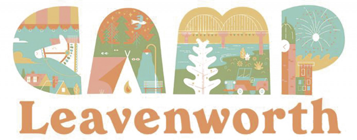Image "Camp Leavenworth" with inlaid cartoons of a river,  a tent, fireworks, Leavenworth bridge, historic buildings and jeep