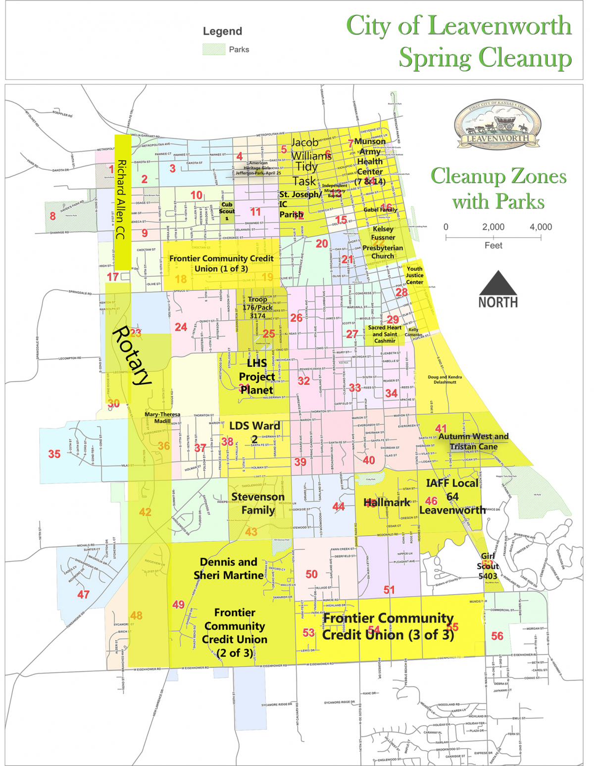 map of Leavenworth divided into numbered grids, with some grids highlighted in yellow and names of teams for the cleanup listed