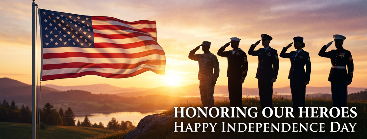 Independence Day Image of an outdoor landscape with a river and trees with American flag in the foreground and five saluting service members
