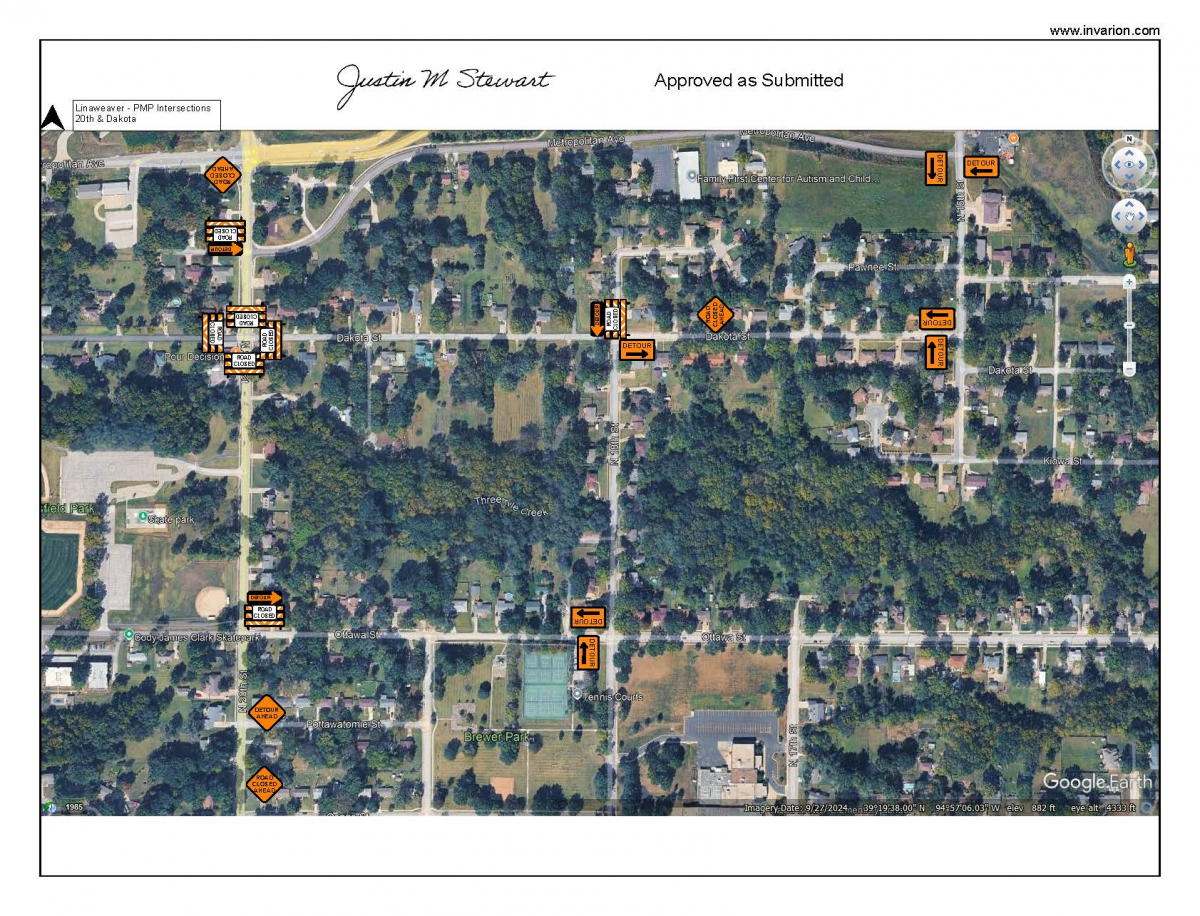 Shown is a map of road closure at 20th and Dakota streets, detour routes are marked but the intersection will be closed for 30 d