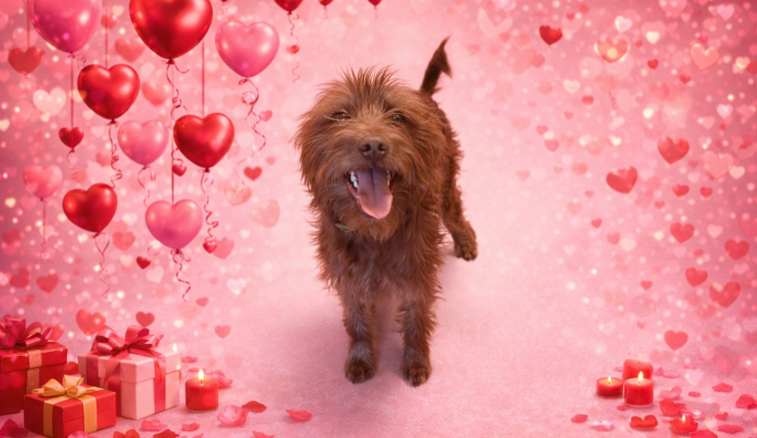 brown dog with long curly hair on a red background with hearts