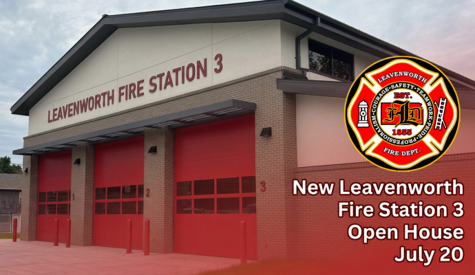 Fire Station 3 Open House Photo of fire station 3 with fire logo and text new Leavenworth Fire Station 3 Open House July 20
