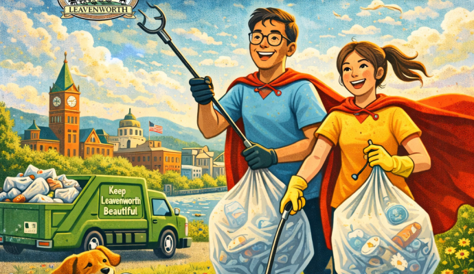 Image of boy and girl picking up trash in bags wearing capes with text "heroes pick up trash" City of Leavenworth KS 2026