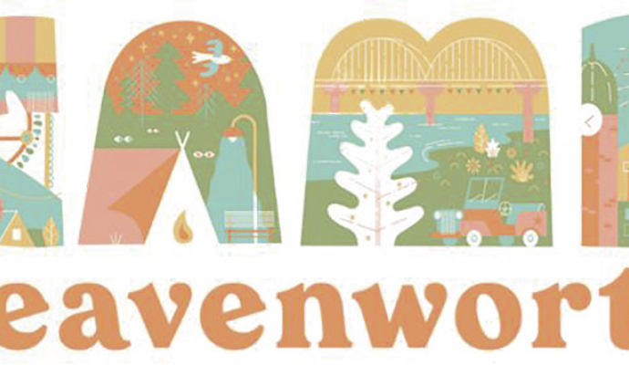Image "Camp Leavenworth" with inlaid cartoons of a river,  a tent, fireworks, Leavenworth bridge, historic buildings and jeep