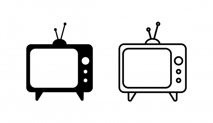 Two black and white images of television sets, boxes with screens and buttons on the side with two antenna on top