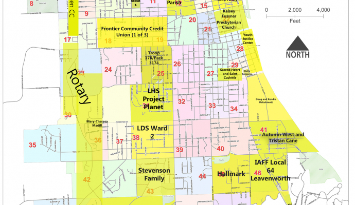 map of Leavenworth divided into numbered grids, with some grids highlighted in yellow and names of teams for the cleanup listed