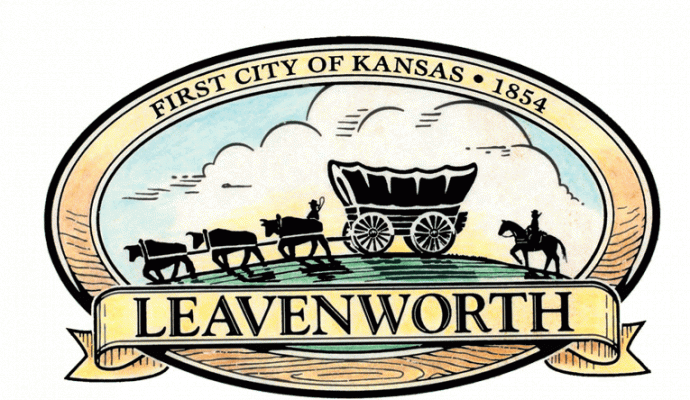 Logo of City with works Leavenworth, First City of Kansas 1854 and an ox-drawn covered wagon followed by a horse