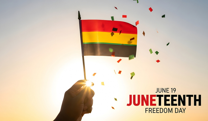 hand reaches for small flag with bands of red, yellow and green surrounded by confetti with text June 19 Juneteenth Freedom day