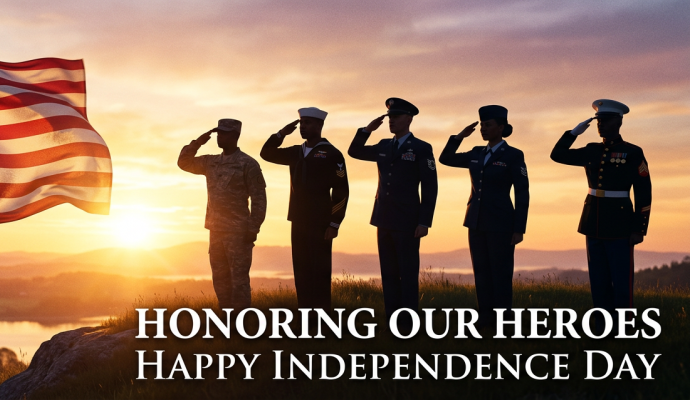 Independence Day Image of an outdoor landscape with a river and trees with American flag in the foreground and five saluting service members