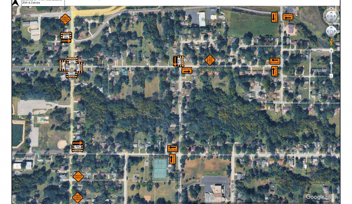 Shown is a map of road closure at 20th and Dakota streets, detour routes are marked but the intersection will be closed for 30 d